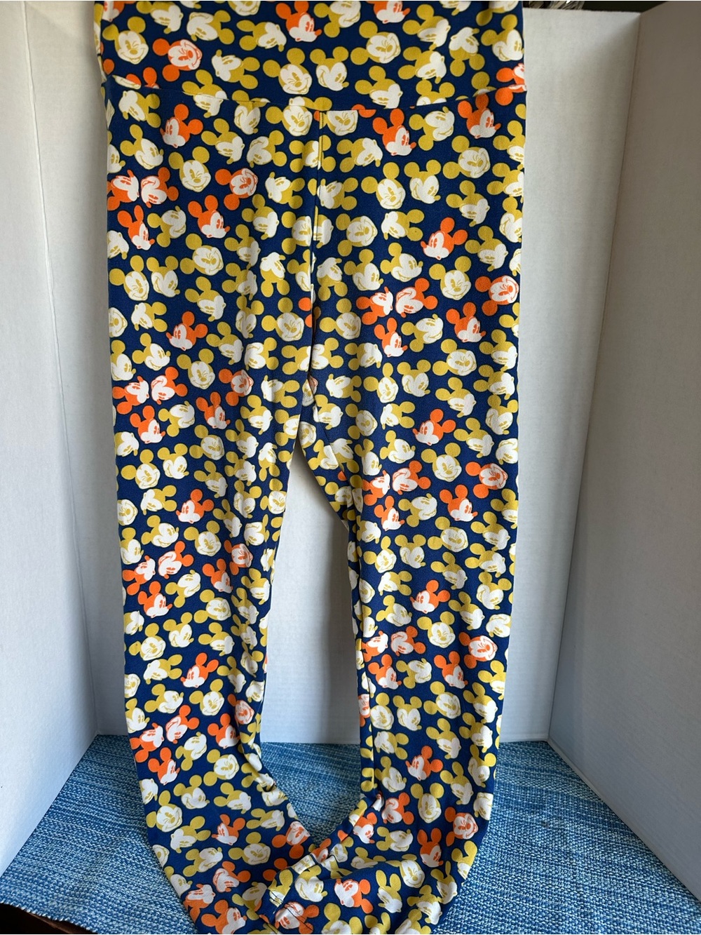 LuLaRoe Navy Leggings with Yellow, Orange & White Mickey Print